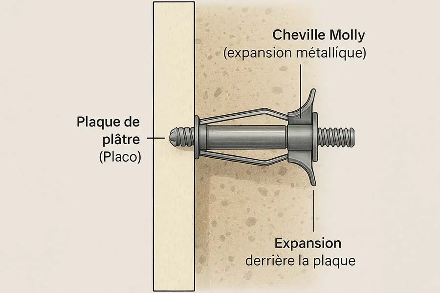 Schéma détaillé montrant une cheville Molly métallique dans du placo avec expansion derrière la plaque