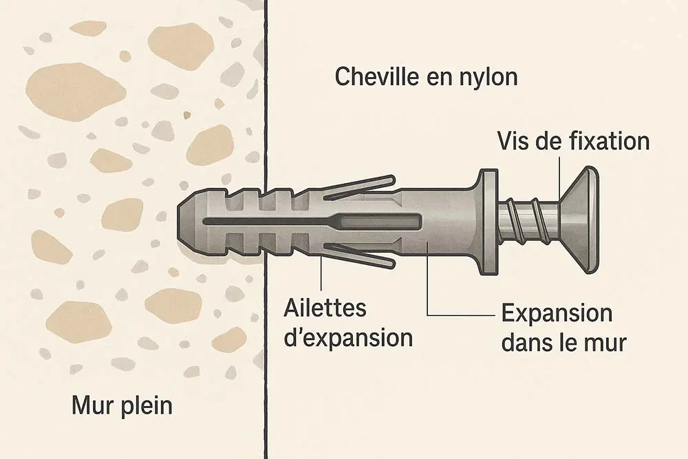 Schéma explicatif d’une cheville en nylon insérée dans un mur plein avec ses ailettes d’expansion