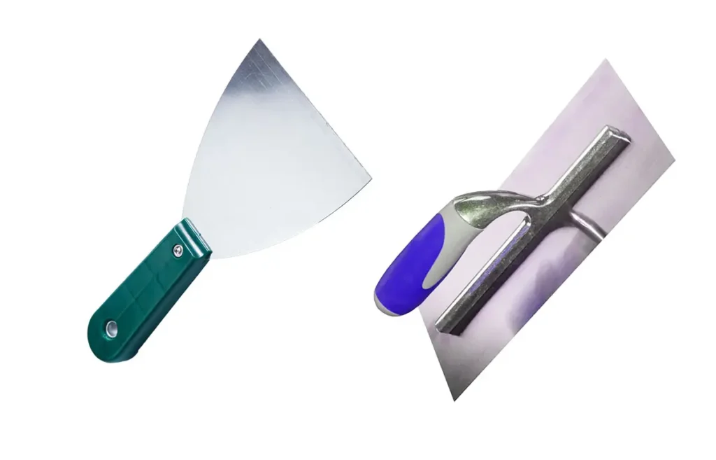 Couteau à enduire et lisseuse utilisés pour appliquer et lisser un enduit mural