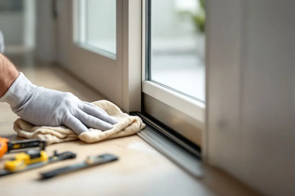 Main avec gant nettoyant minutieusement le rail d’une porte coulissante pour préparer l’isolation