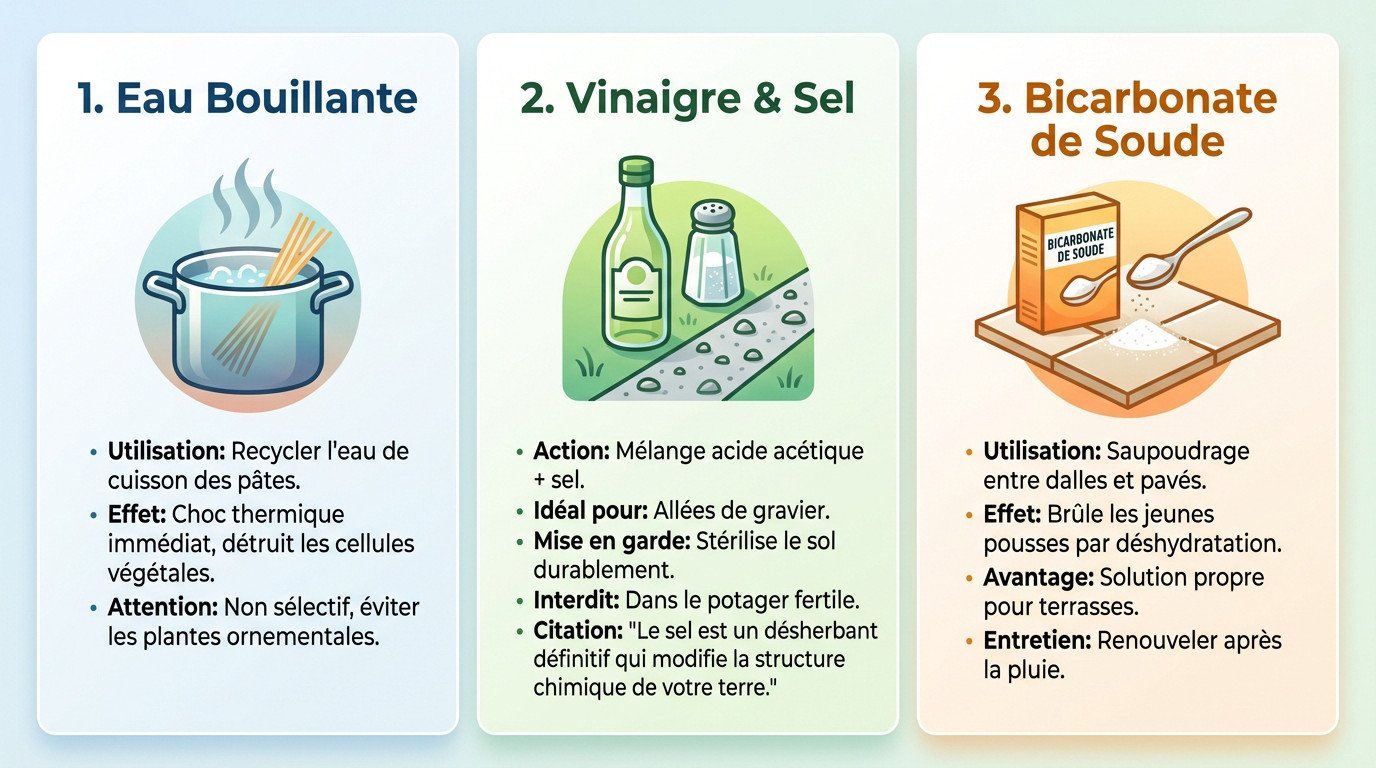 Désherbage naturel avec eau bouillante et bicarbonate sur une allée pavée