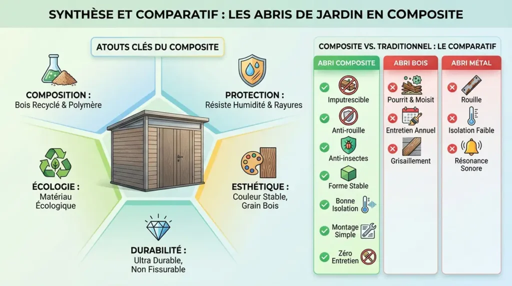 Infographie sur l’abri de jardin en composite : composition, protection, écologie, esthétique, durabilité et comparatif composite vs bois vs métal.