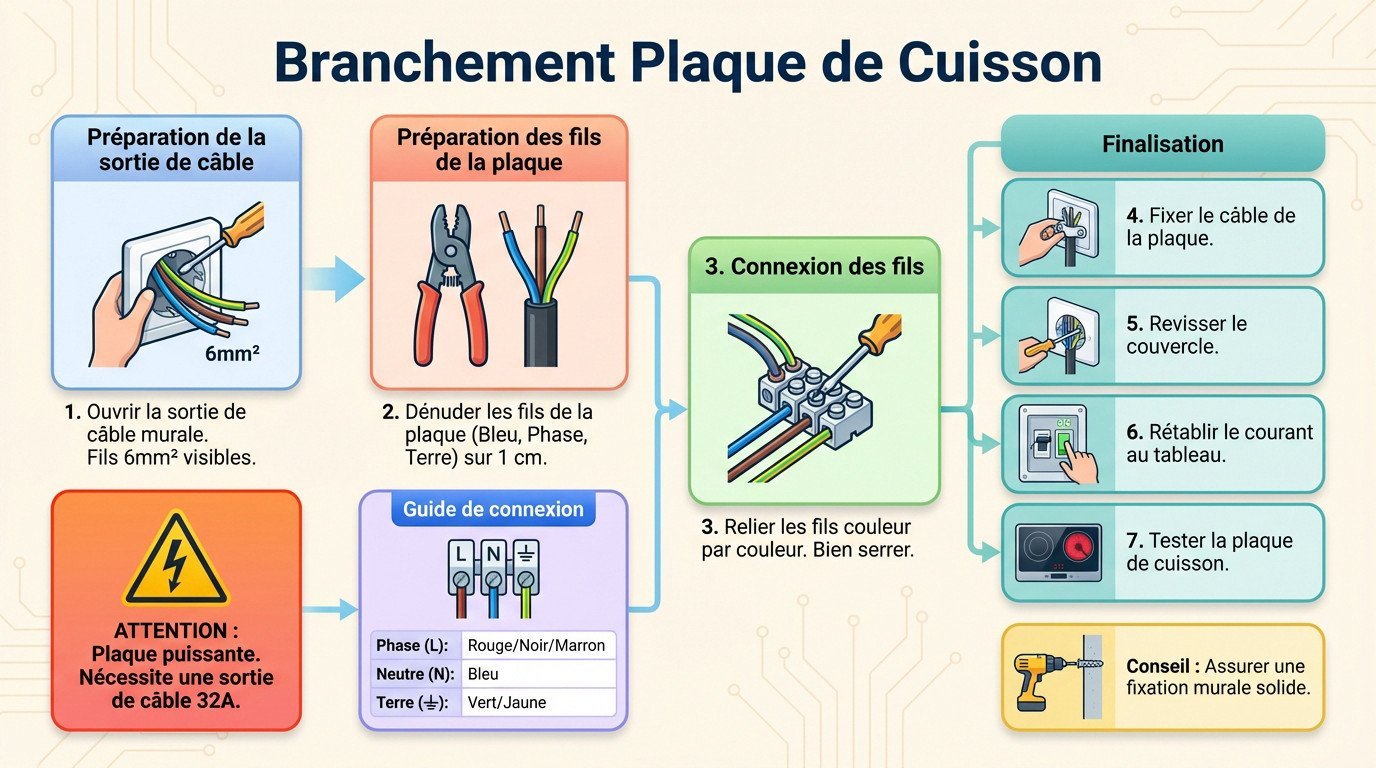 Schéma de raccordement électrique pour brancher une plaque à induction avec les codes couleurs