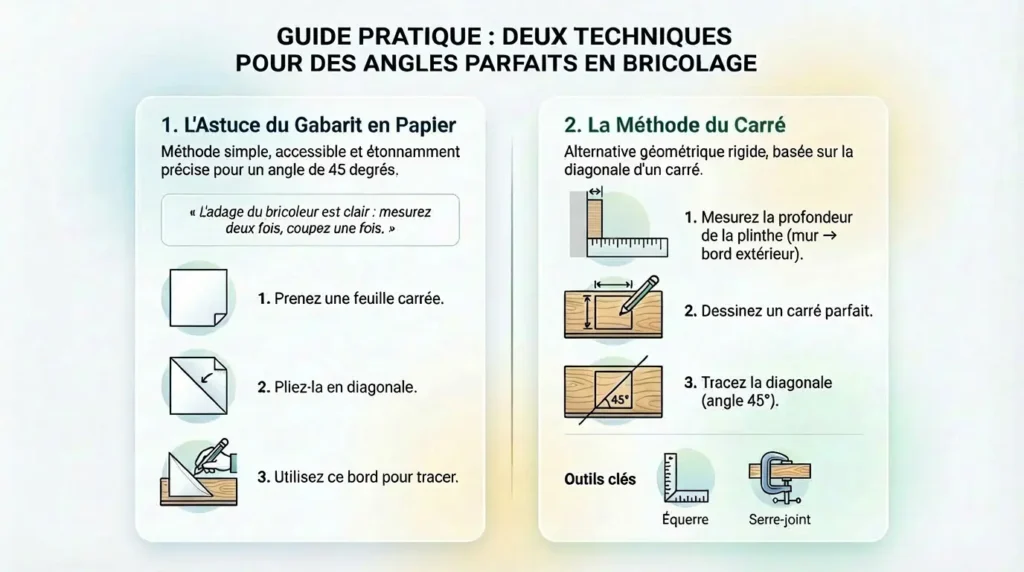 Schéma montrant deux techniques pour couper une plinthe à 45° : gabarit en papier et méthode du carré.