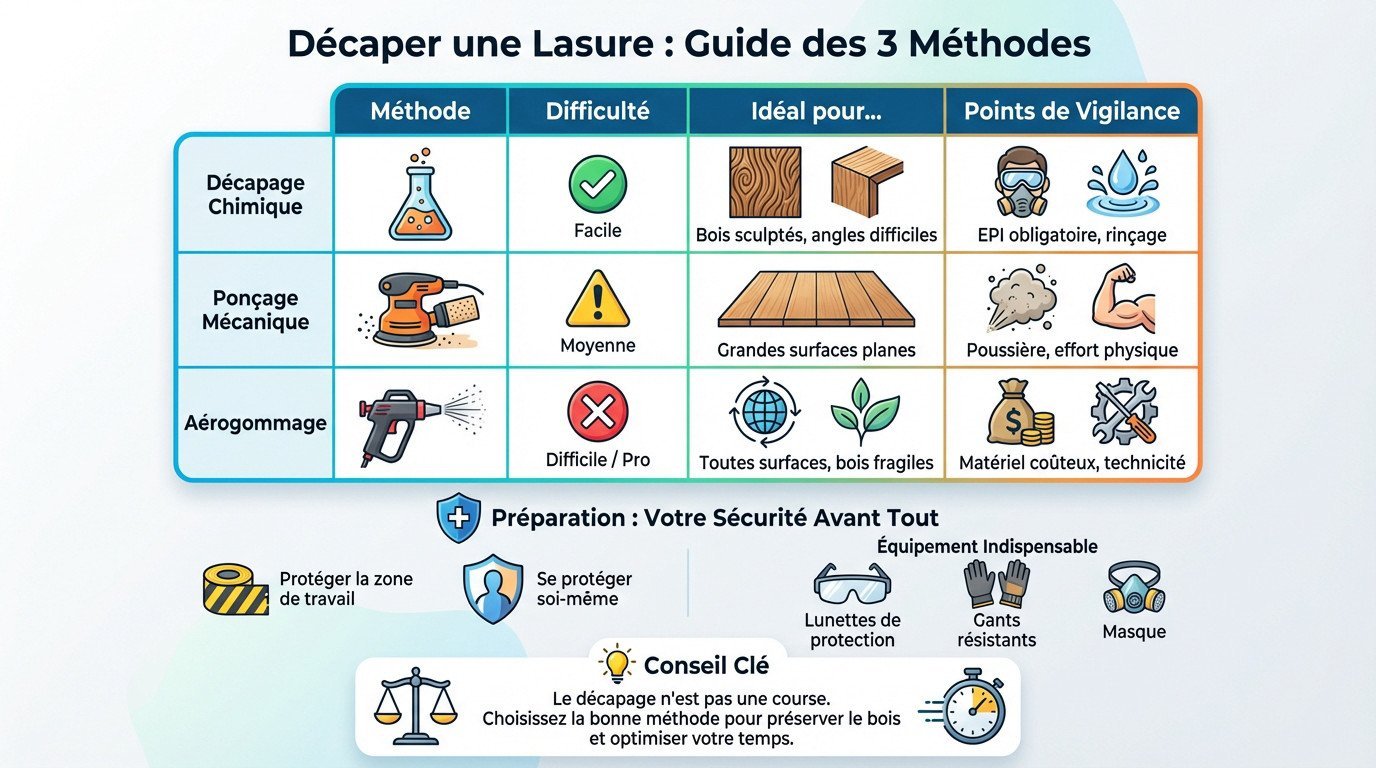 Comparatif des méthodes pour décaper une lasure sur bois : chimique, thermique et aérogommage