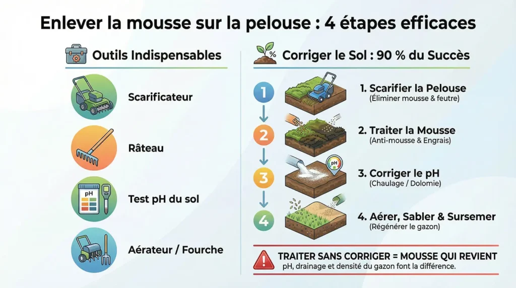 Infographie : les outils et les étapes essentielles pour enlever la mousse sur la pelouse.