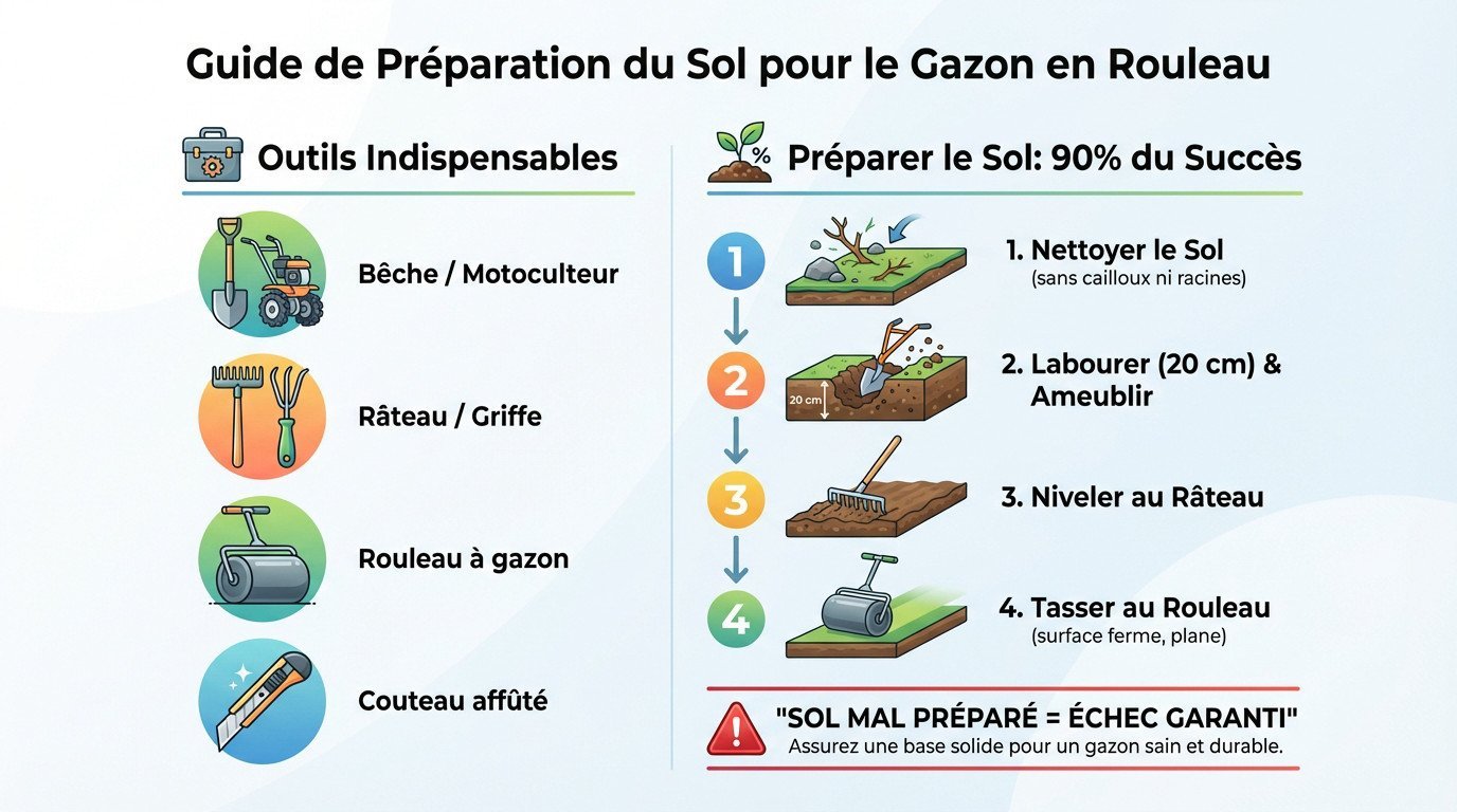 Préparation minutieuse du sol avec un râteau avant la pose du gazon