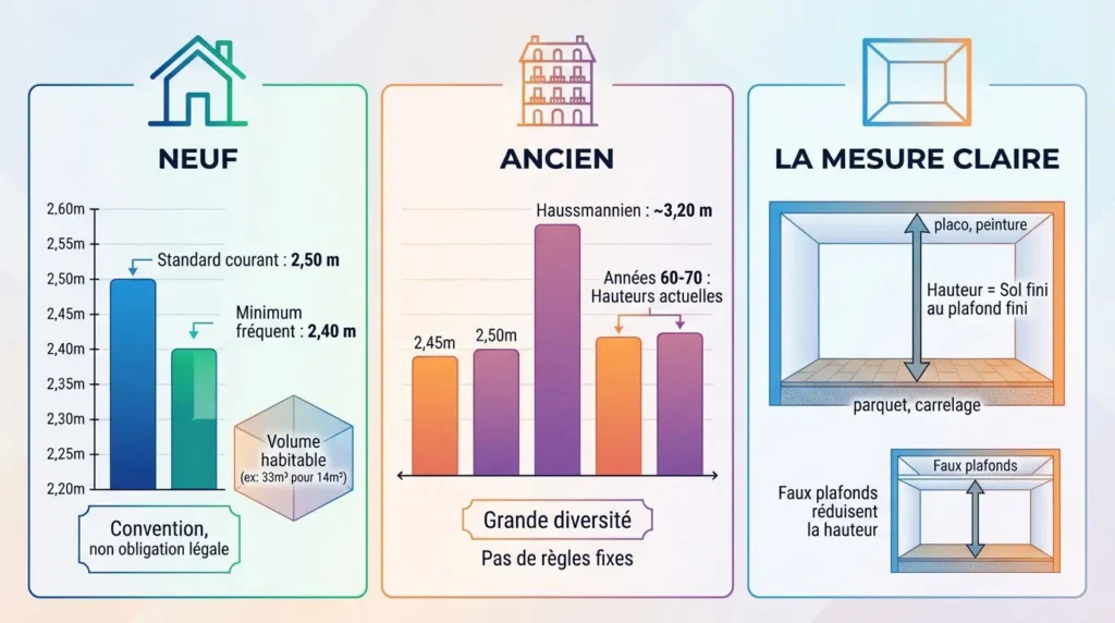 Illustration comparative des hauteurs sous plafond dans le neuf et l'ancien avec méthode de mesure.