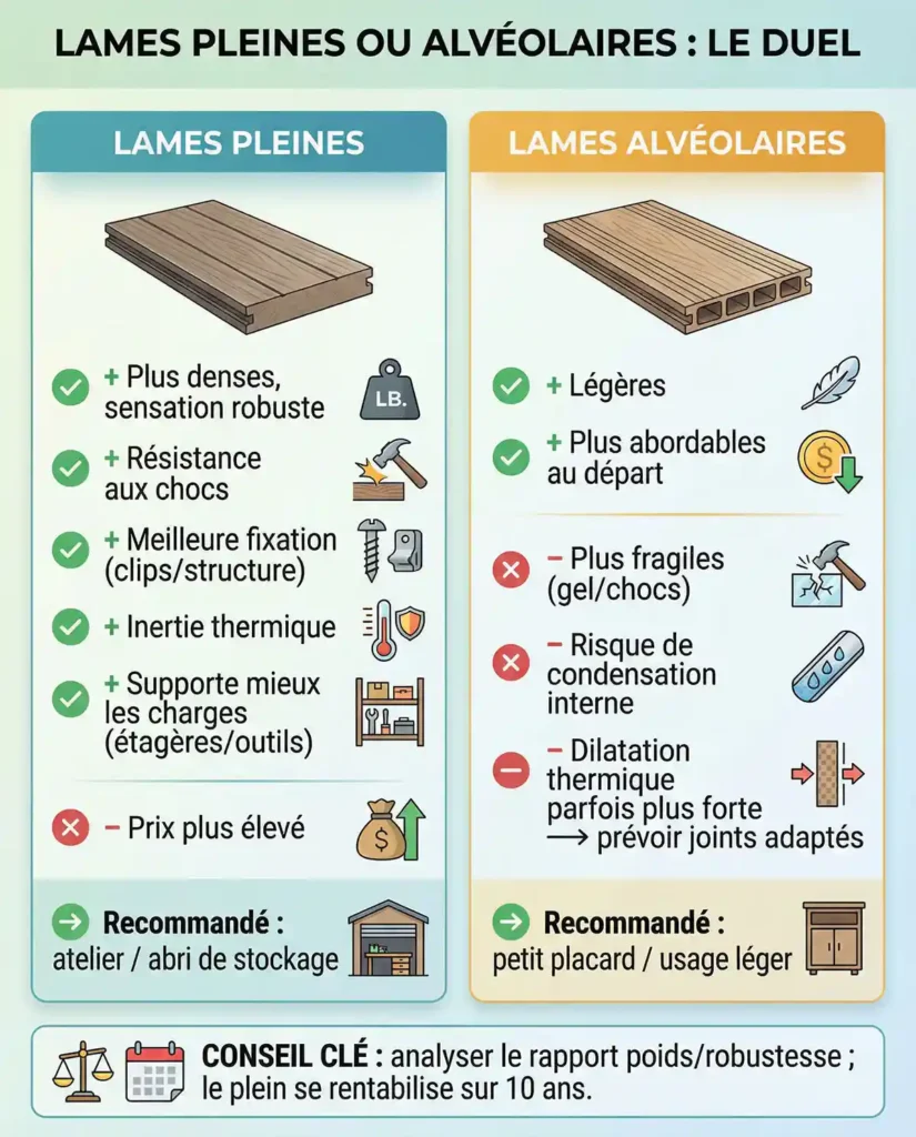 Comparatif en infographie des lames pleines et alvéolaires (PVC) pour abri de jardin composite : avantages, limites et usages recommandés.