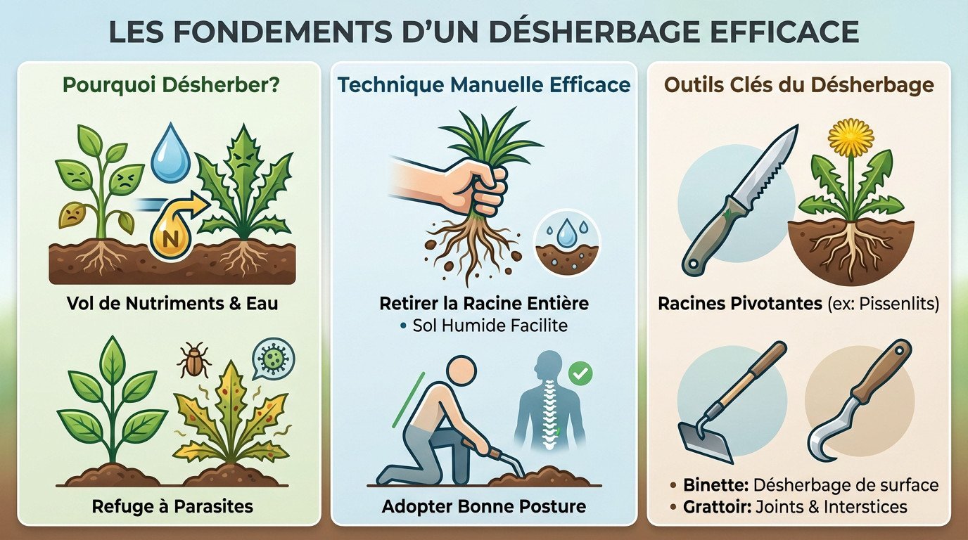 Jardinier retirant une mauvaise herbe avec sa racine complète