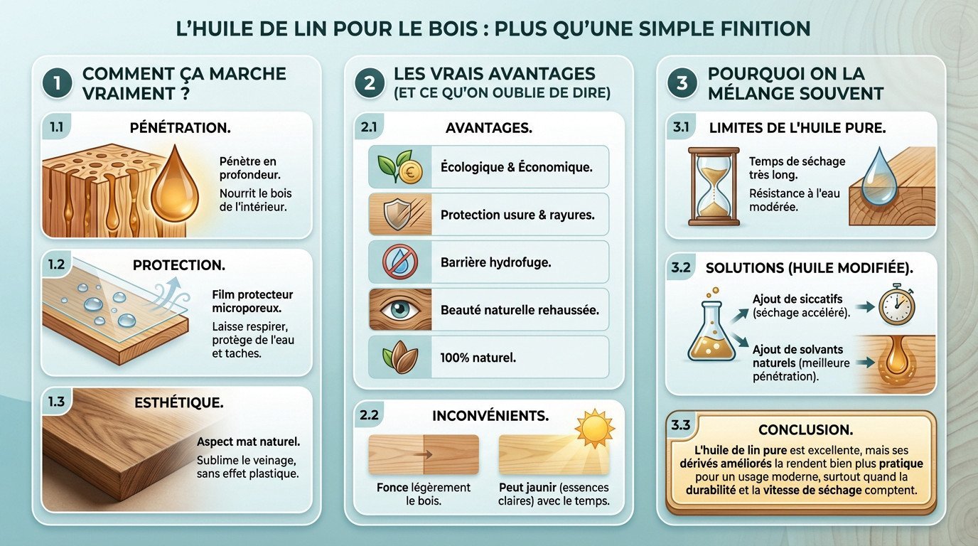 Application d'huile de lin sur une planche en bois brut pour nourrir et protéger le veinage