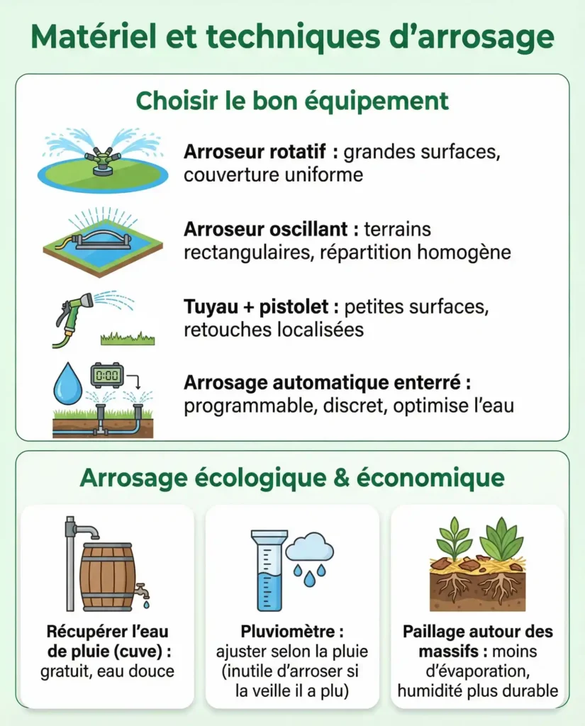 Infographie sur le matériel d’arrosage de la pelouse (rotatif, oscillant, tuyau+pistolet, enterré) et les solutions pour économiser l’eau (cuve, pluviomètre, paillage).