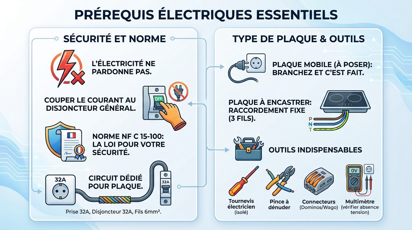 Schéma des prérequis électriques pour brancher une plaque à induction : disjoncteur 32A et câble 6mm2