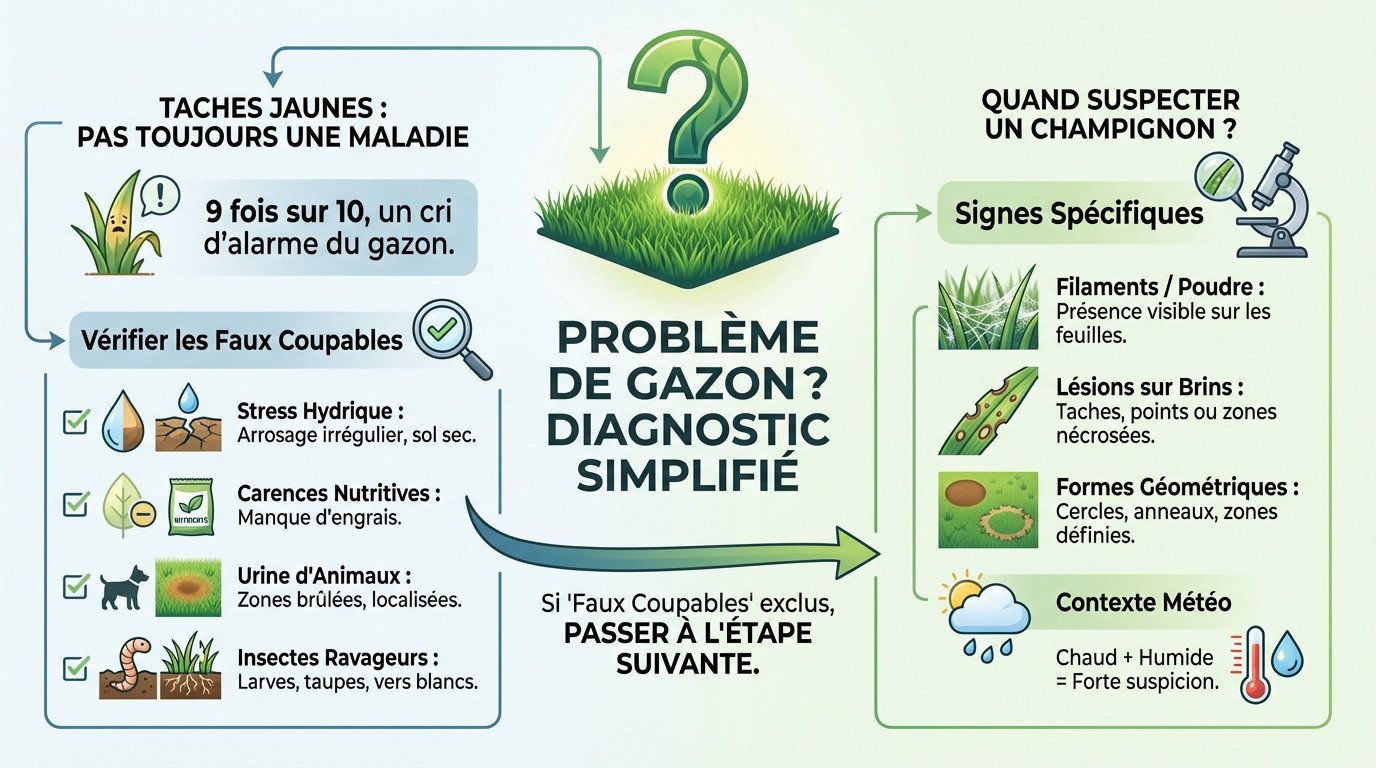 Schéma explicatif pour diagnostiquer les problèmes de gazon : maladies, carences ou insectes