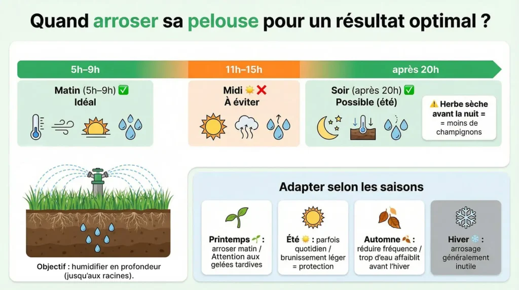 Infographie : quand arroser sa pelouse (matin/soir), éviter midi, et adapter l’arrosage selon les saisons.