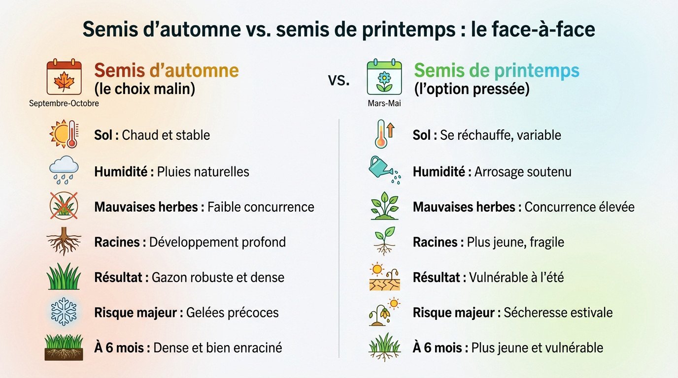 Tableau comparatif des avantages et inconvénients entre un semis de gazon en automne et au printemps
