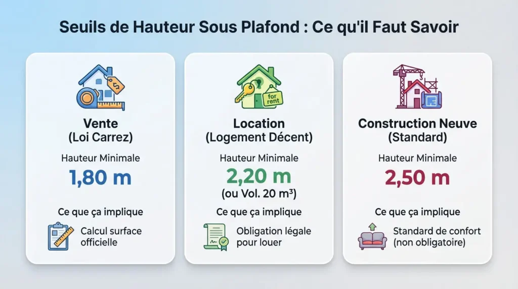 Schéma illustrant les hauteurs sous plafond minimales pour la location et la loi Carrez