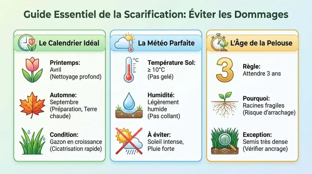 Infographie indiquant quand scarifier la pelouse : périodes idéales, météo (sol ≥ 10°C, humidité), et âge conseillé (attendre 3 ans).