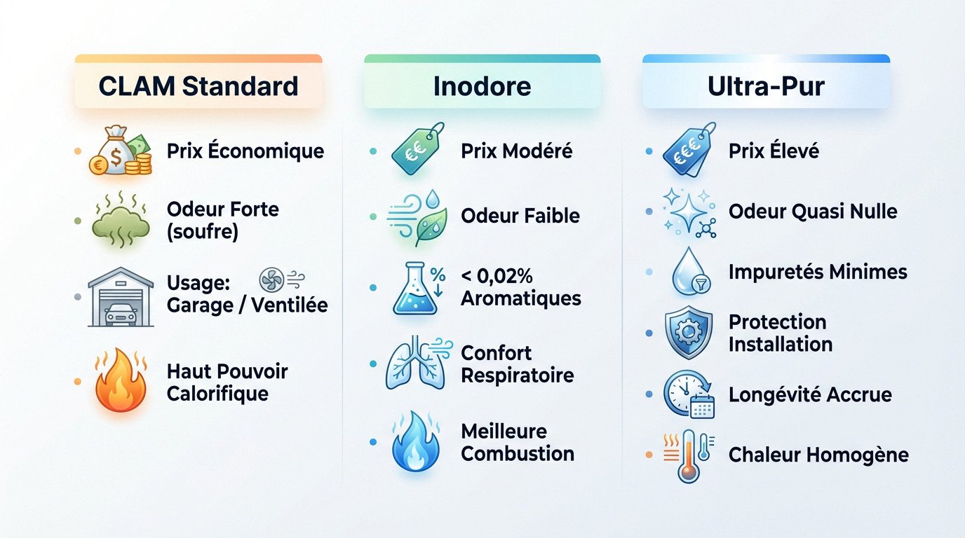 Infographie comparative des différents types de combustibles pour poêle à pétrole : standard, désaromatisé et ultra-pur