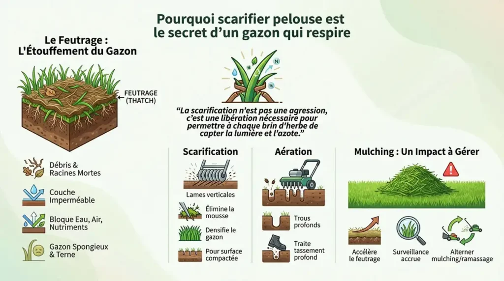 Infographie expliquant le feutrage du gazon et comment la scarification et l’aération aident la pelouse à respirer.