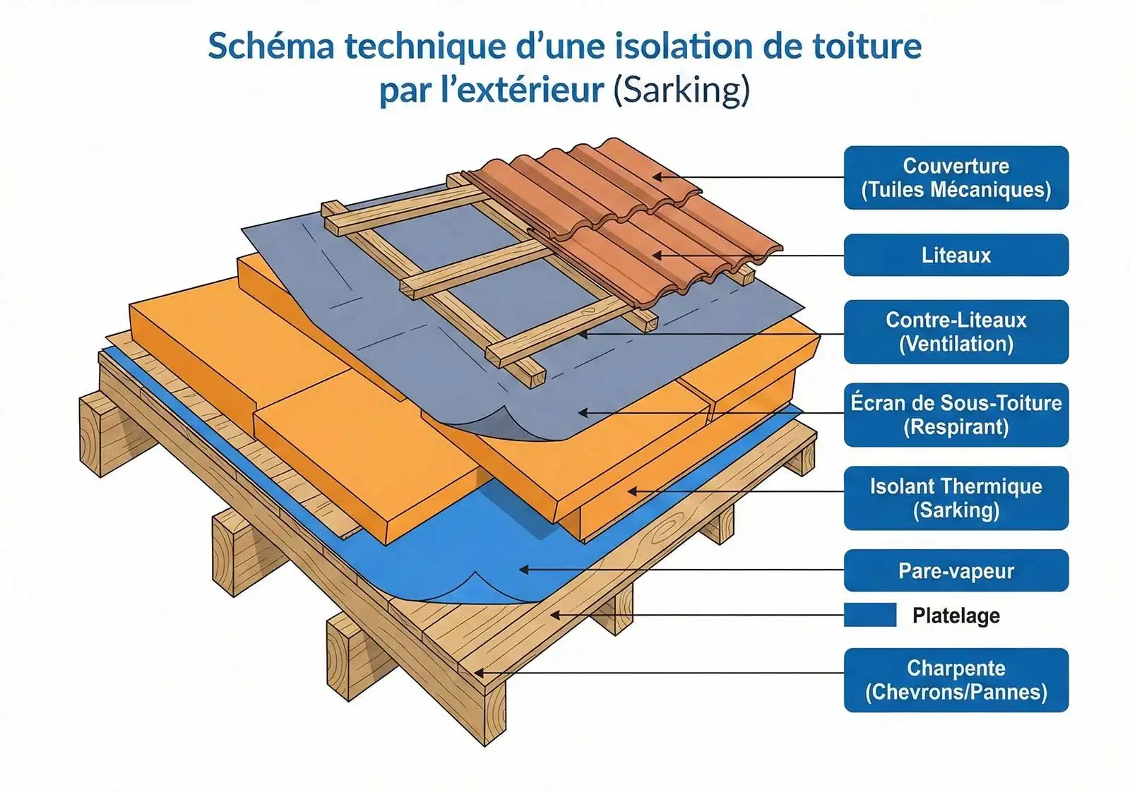 Schéma technique isolation toiture sarking