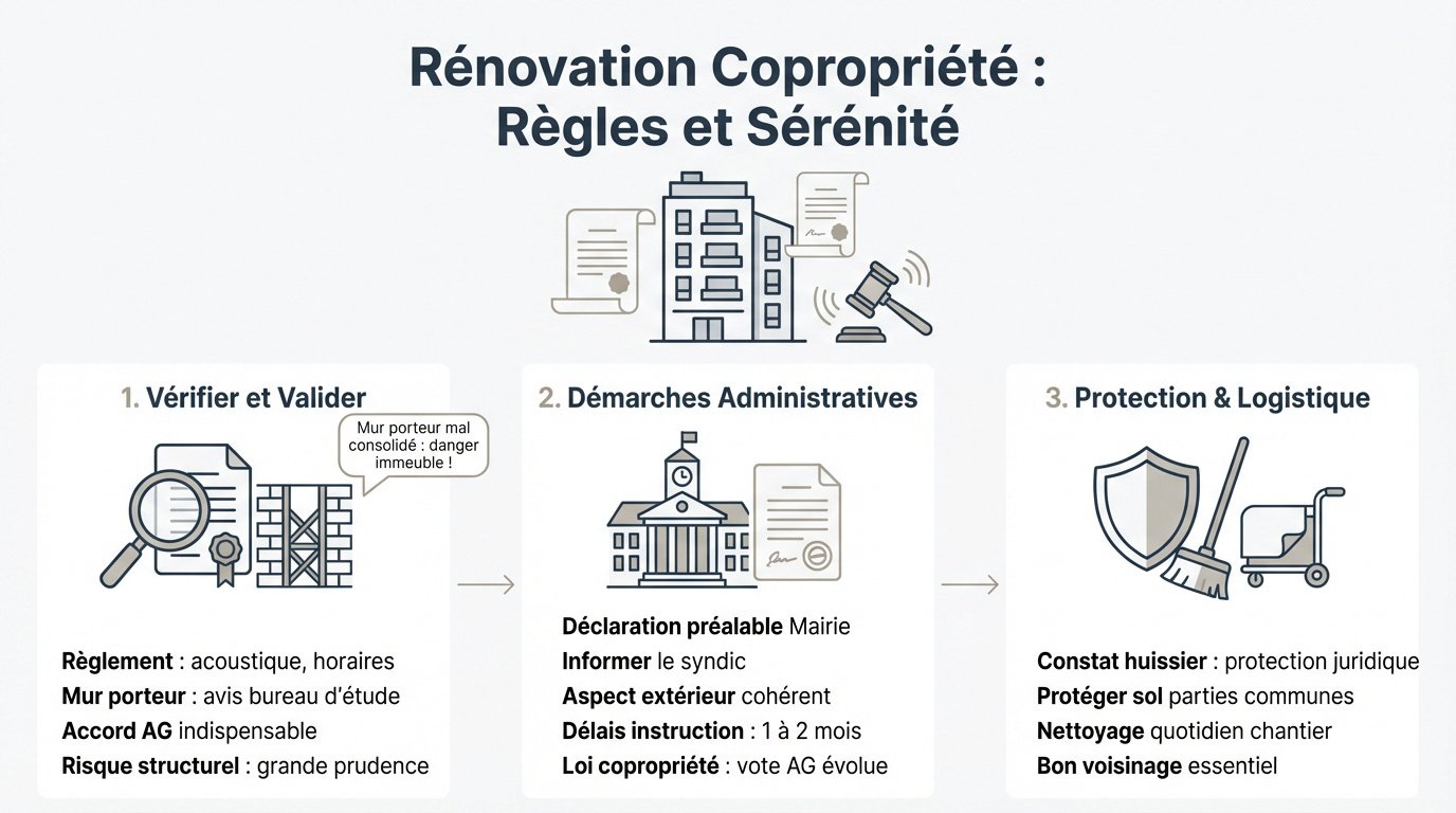 Ouvriers travaillant dans un appartement en rénovation respectant les normes de copropriété