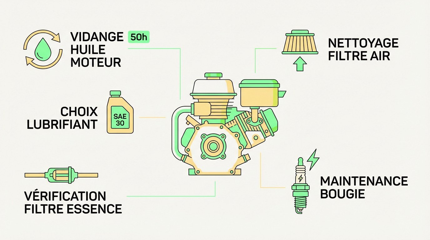 Vue détaillée des composants moteur pour l'entretien d'un tracteur tondeuse