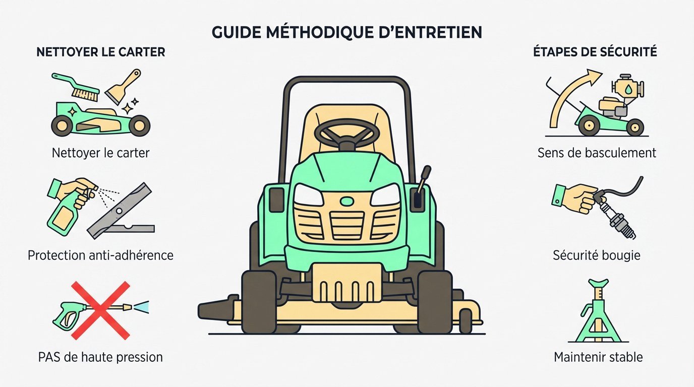 Vue détaillée de l'entretien du carter de coupe d'un tracteur tondeuse