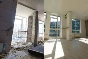 Rénovation d’appartement avant/après : intérieur en travaux puis salon rénové avec grandes fenêtres.