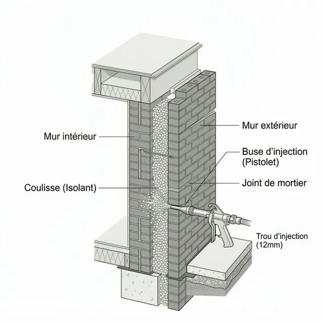Schéma technique montrant l'injection de l'isolant (billes PSE ou laine de verre) via une buse insérée dans un trou de 12mm pratiqué dans le joint de mortier.