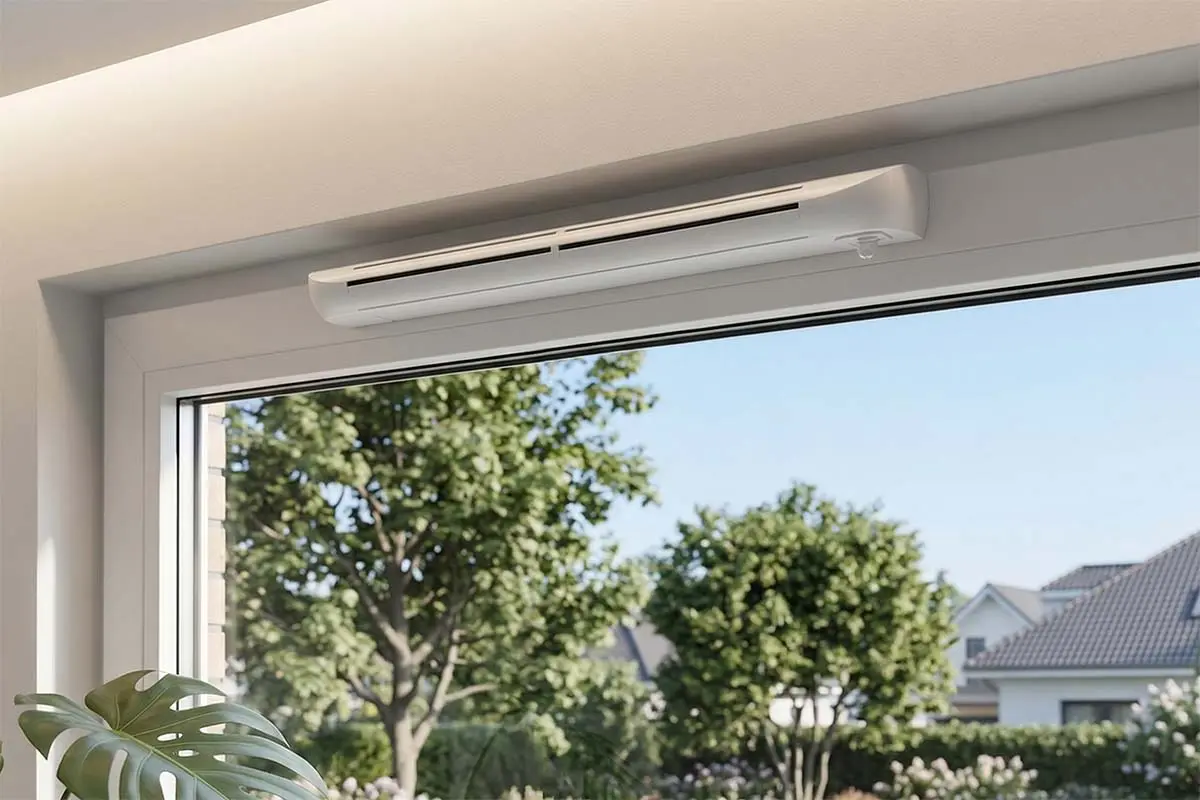 Gros plan d'un système d'aération de fenêtre sans percer installé sur un cadre de fenêtre blanc avec vue sur un jardin.