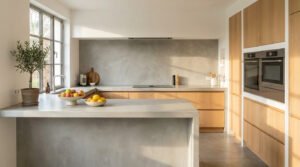 Exemple complet d'application de béton ciré en cuisine (sol, plan de travail de l'îlot, comptoir principal et crédence) combiné avec du bois clair.