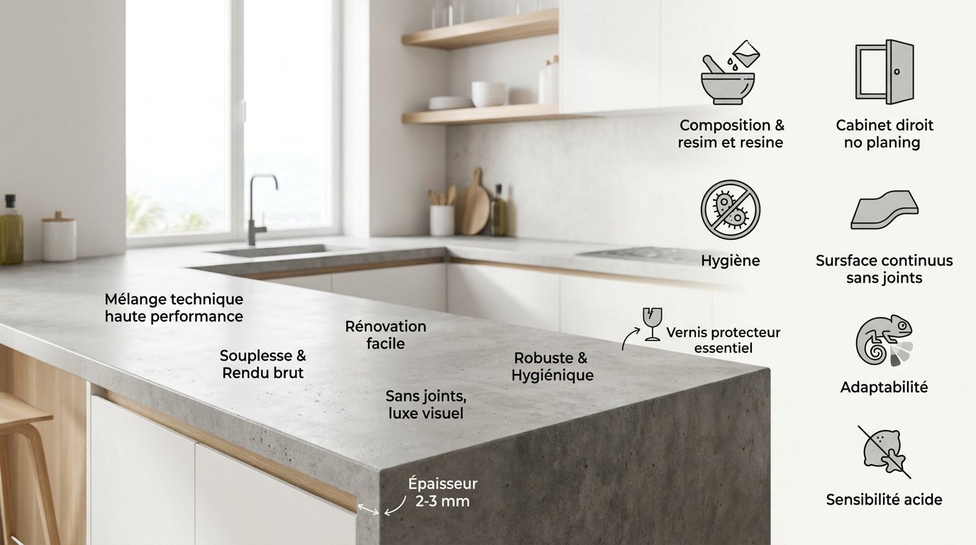 Cuisine moderne avec plan de travail et sol en béton ciré gris anthracite