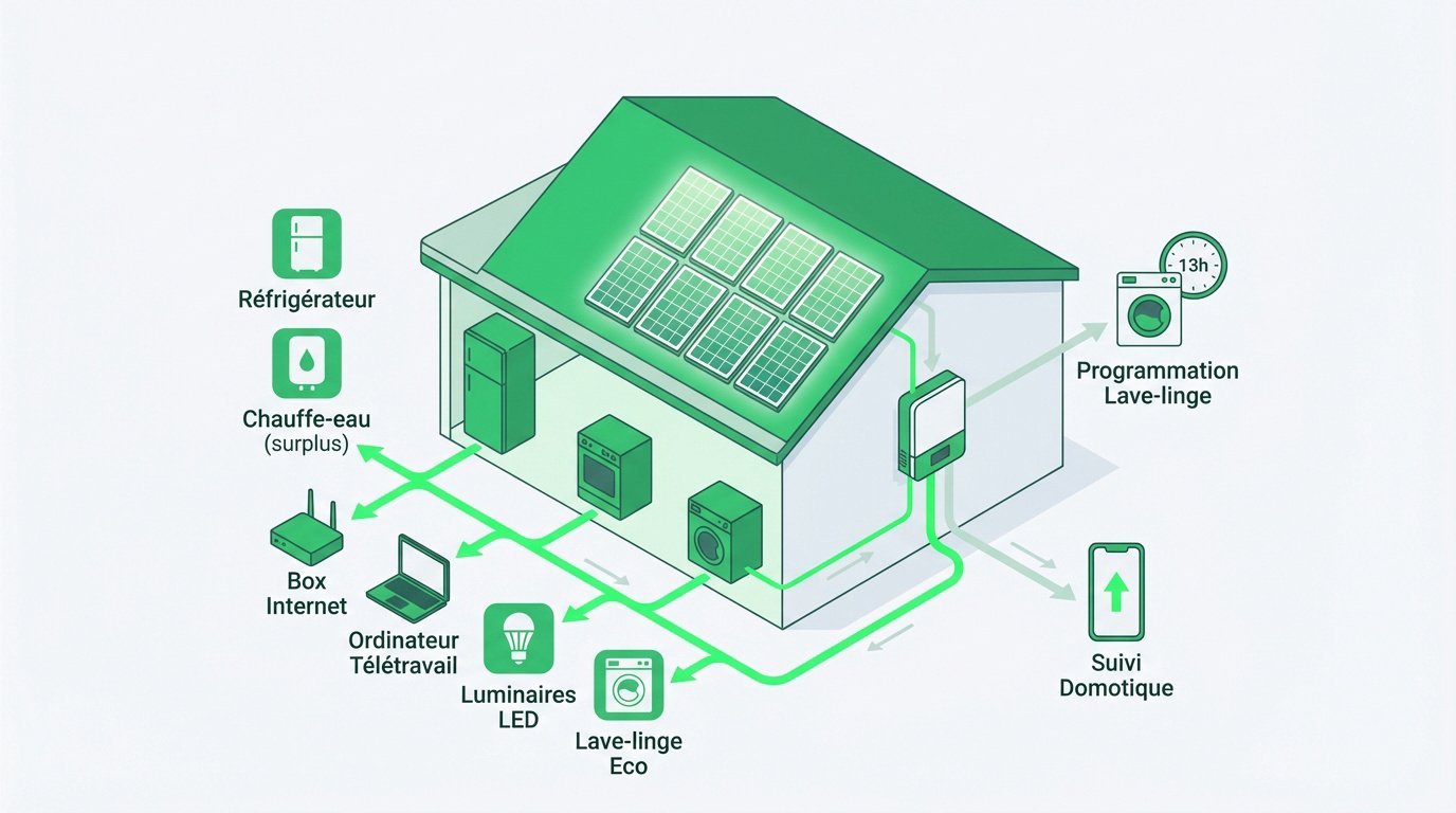 Schéma d'une maison intelligente gérant sa consommation d'énergie solaire et ses appareils électroménagers