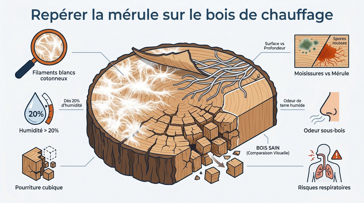 Examen visuel de filaments de mérule sur des bûches de bois de chauffage