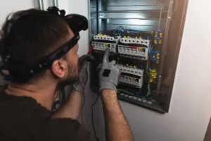 Électricien vérifiant le câblage d'un contacteur jour nuit sur un tableau électrique résidentiel avec un testeur de tension.