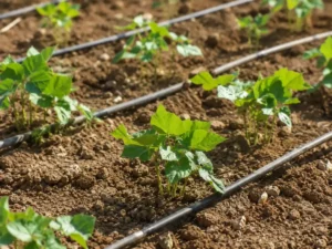 Tuyau goutte à goutte installé au pied de jeunes plants dans un potager.