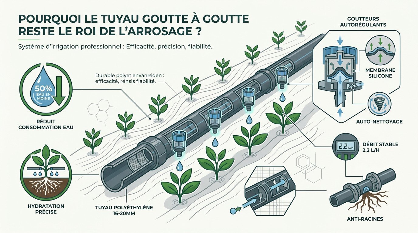 Schéma illustrant les avantages du tuyau goutte à goutte : économie d'eau de 50 %, hydratation précise et débit stable