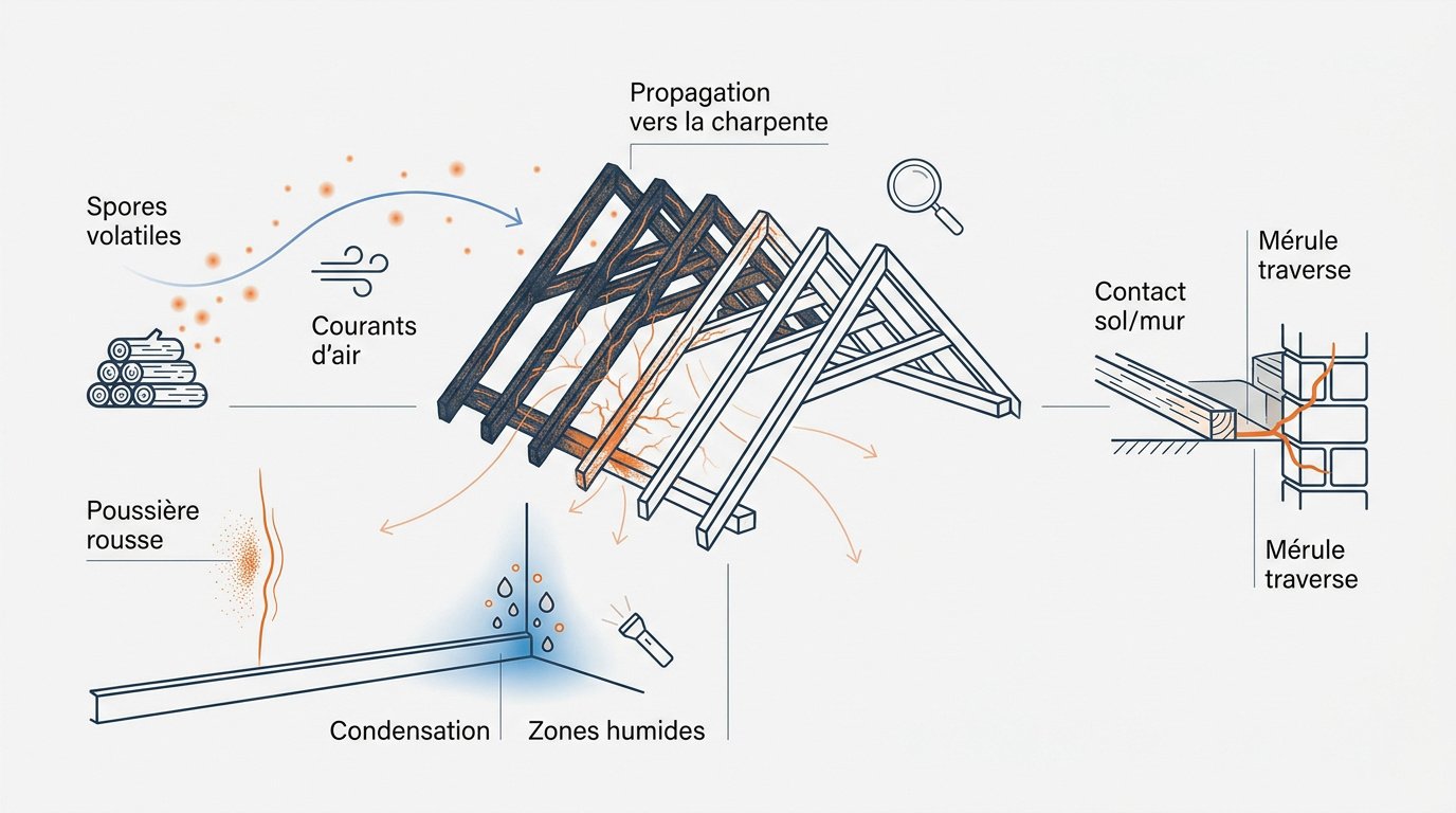 Schéma de la propagation de la mérule depuis le stockage de bois vers la structure de l'habitation