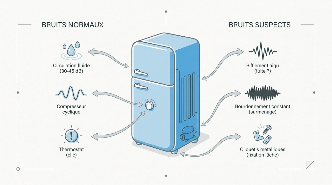 Schéma de diagnostic pour identifier l'origine du bruit d'un réfrigérateur