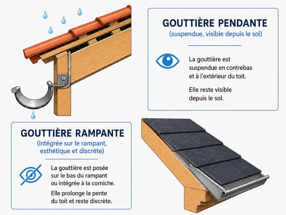 Schéma technique comparatif entre une gouttière pendante demi-ronde et une gouttière rampante nantaise intégrée à la toiture.