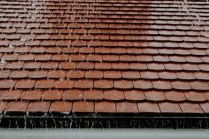 Évacuation des eaux de pluie dans une gouttière havraise en zinc sur une toiture en tuiles.