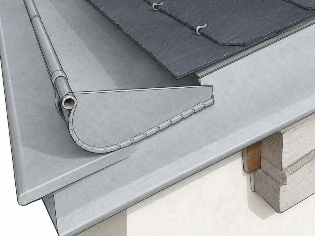 Schéma technique détaillé d'une gouttière rampante havraise en zinc, montrant le profil en auget, l'ourlet supérieur et le support de fixation sur une toiture en ardoise.
