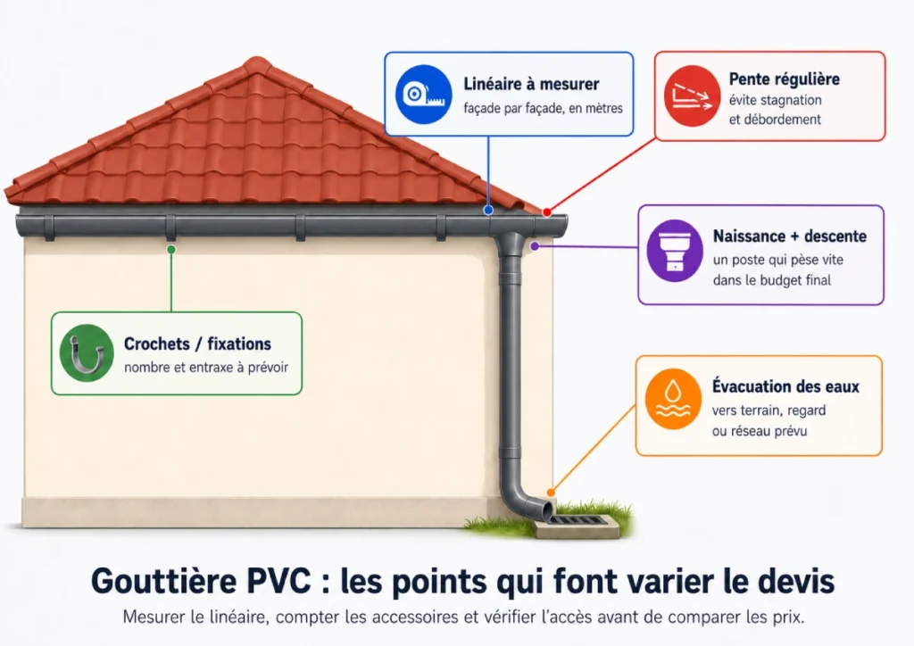 Schéma montrant les éléments qui influencent le prix d’une gouttière PVC : linéaire, crochets, naissance, descente, pente et évacuation des eaux