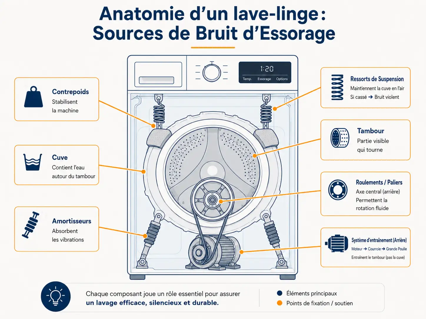 Schéma technique de l'anatomie d'une machine à laver détaillant les pièces sources de bruit à l'essorage : cuve, tambour, amortisseurs, roulements et ressorts de suspension.